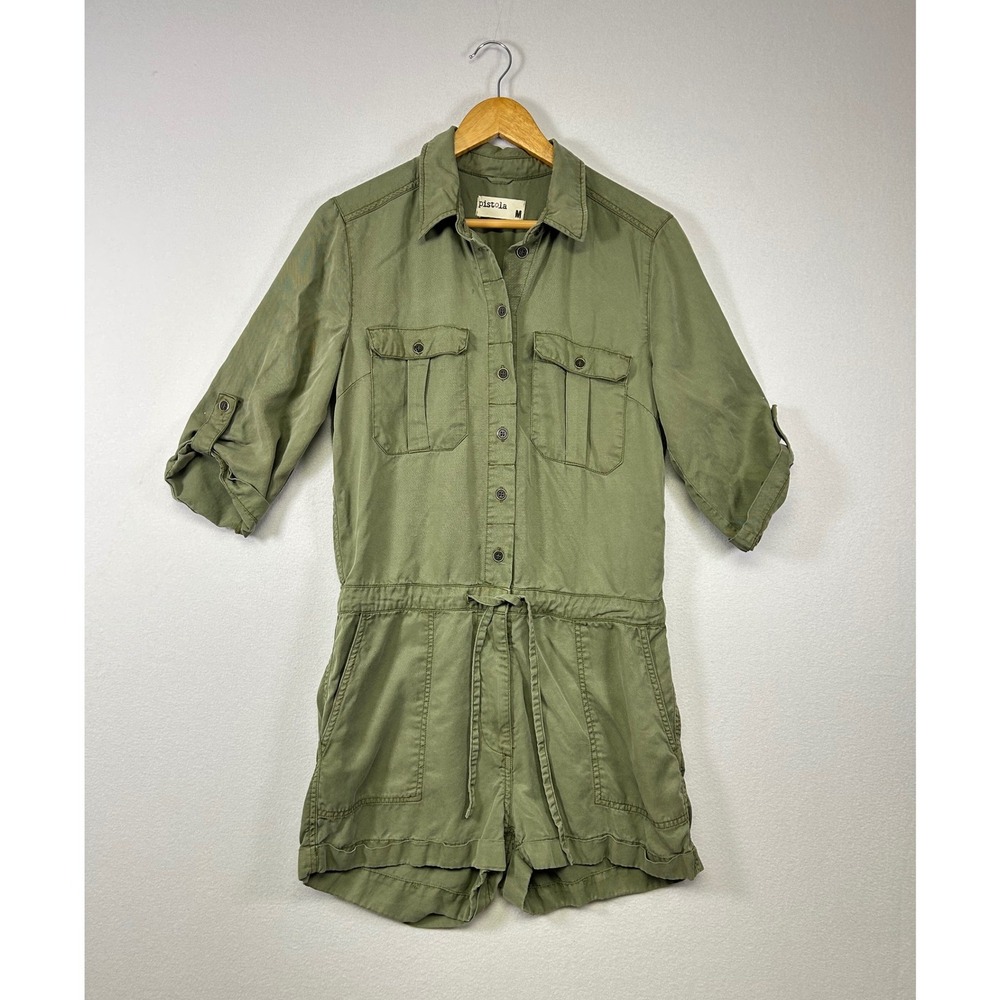 Pistola Utility Romper Women Size M Olive Green Button Front Drawstring Twill